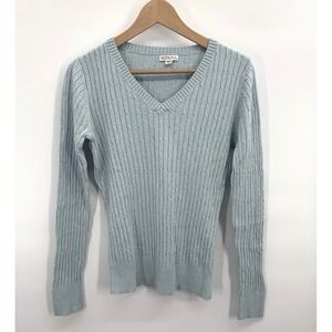 Y2K Merona Women Medium Sweater Pale Blue Cable Knit V-Neck Fisherman Retro Prep